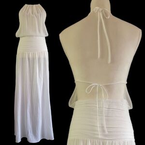 NWOT SER.O.YA‎ White Sheer Open Back Maxi Dress Drop Waist Halter Neck Small